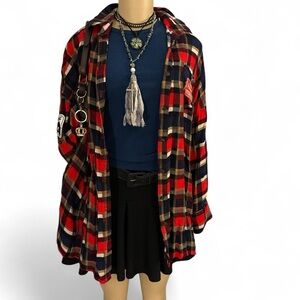 Umgee USA Red & Blue Plaid Oversized Tunic Blouse Size M